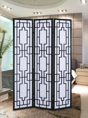 English Elm Sudoku Three Panel Folding Screen Pine Frame Rice Paper Geometric Lattice Divider T2574P165142