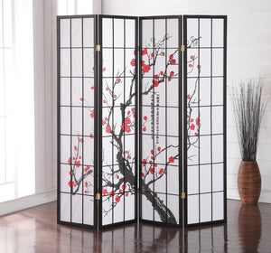 English Elm Black Wood Frame Four Panel Rice Paper Room Divider with Hand Painted Plum Blossom T2574P165146