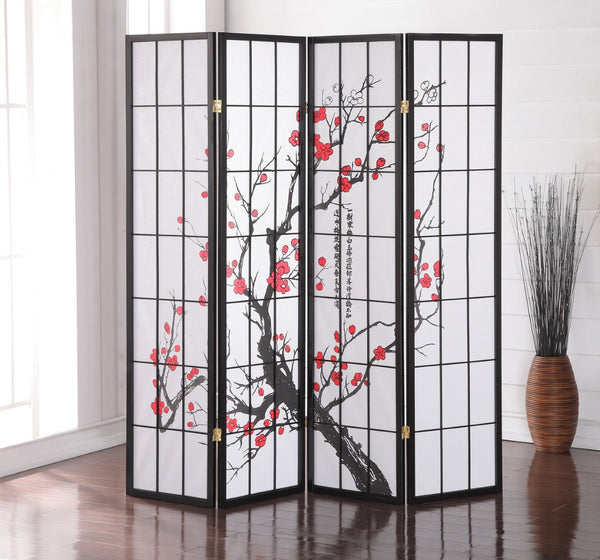 English Elm Black Wood Frame Four Panel Rice Paper Room Divider with Hand Painted Plum Blossom T2574P165146