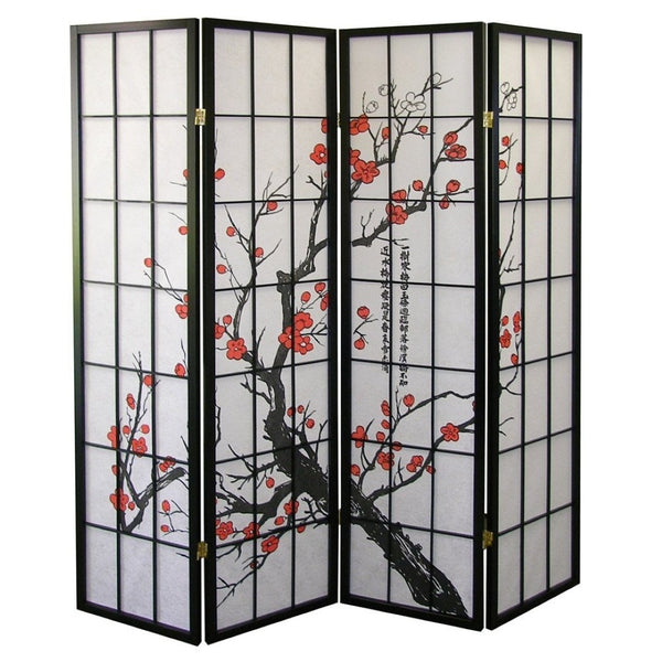 English Elm Black Wood Frame Four Panel Rice Paper Room Divider with Hand Painted Plum Blossom T2574P165146