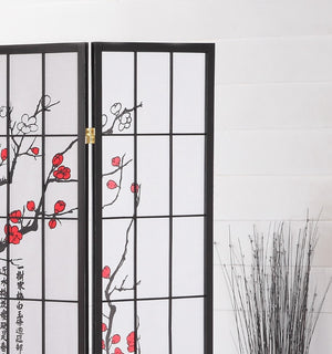 English Elm Black Wood Frame Four Panel Rice Paper Room Divider with Hand Painted Plum Blossom T2574P165146