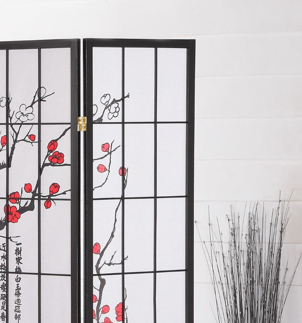English Elm Black Wood Frame Four Panel Rice Paper Room Divider with Hand Painted Plum Blossom T2574P165146