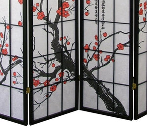 English Elm Black Wood Frame Four Panel Rice Paper Room Divider with Hand Painted Plum Blossom T2574P165146