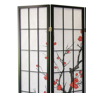 English Elm Black Wood Frame Four Panel Rice Paper Room Divider with Hand Painted Plum Blossom T2574P165146
