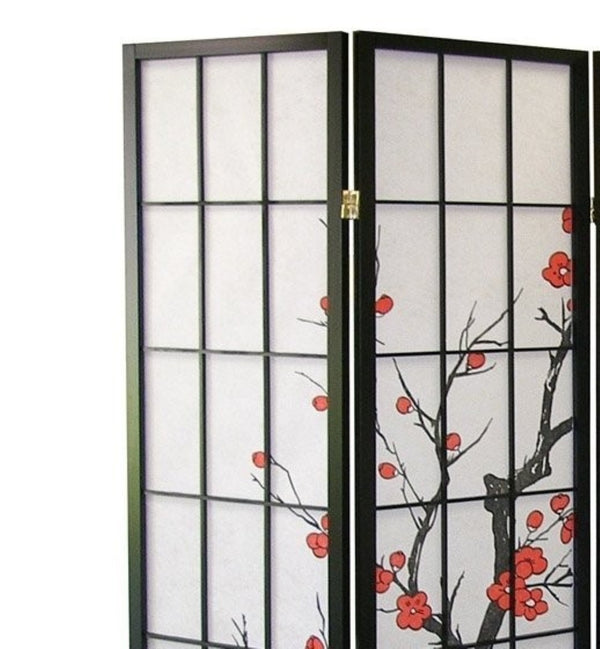 English Elm Black Wood Frame Four Panel Rice Paper Room Divider with Hand Painted Plum Blossom T2574P165146