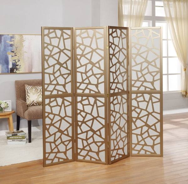 English Elm Giyano Four Panel Geometric Mosaic Mdf Privacy Screen Folding Room Divider Gold T2574P165148