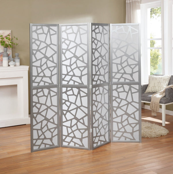 English Elm Giyano Four Panel Geometric Mosaic Mdf Privacy Screen Folding Room Divider Silver T2574P165149