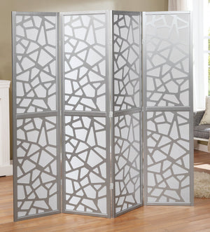 English Elm Giyano Four Panel Geometric Mosaic Mdf Privacy Screen Folding Room Divider Silver T2574P165149