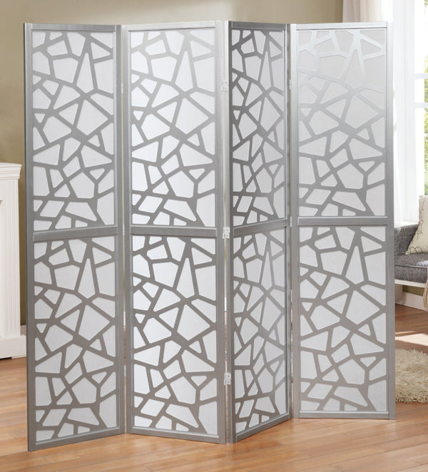 English Elm Giyano Four Panel Geometric Mosaic Mdf Privacy Screen Folding Room Divider Silver T2574P165149