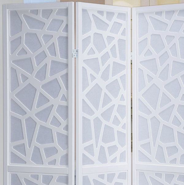 English Elm Giyano Four Panel Geometric Mosaic Mdf Privacy Screen Folding Room Divider White T2574P165150