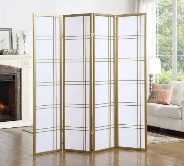 English Elm Seto Four Panel Folding Screen Pine Wood Frame Rice Paper Style Room Divider Gold T2574P165151