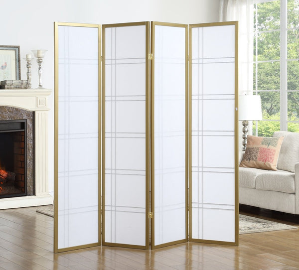English Elm Seto Four Panel Folding Screen Pine Wood Frame Rice Paper Style Room Divider Gold T2574P165151