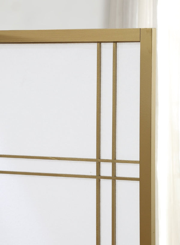 English Elm Seto Four Panel Folding Screen Pine Wood Frame Rice Paper Style Room Divider Gold T2574P165151