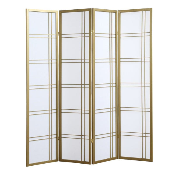 English Elm Seto Four Panel Folding Screen Pine Wood Frame Rice Paper Style Room Divider Gold T2574P165151