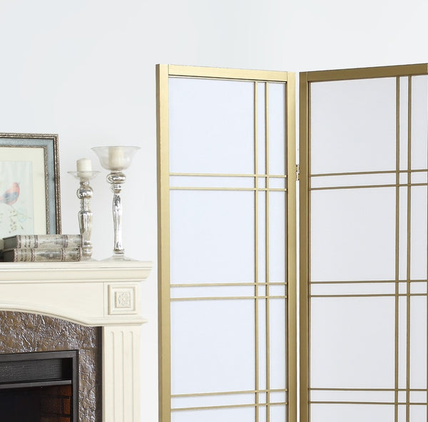 English Elm Seto Four Panel Folding Screen Pine Wood Frame Rice Paper Style Room Divider Gold T2574P165151
