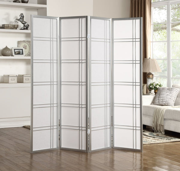 English Elm Seto Four Panel Folding Screen Pine Wood Frame Rice Paper Style Room Divider Silver T2574P165152