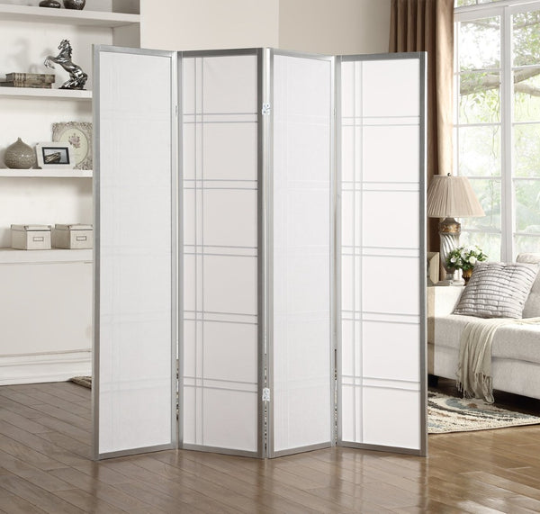 English Elm Seto Four Panel Folding Screen Pine Wood Frame Rice Paper Style Room Divider Silver T2574P165152