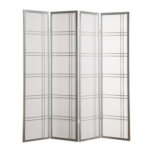 English Elm Seto Four Panel Folding Screen Pine Wood Frame Rice Paper Style Room Divider Silver T2574P165152