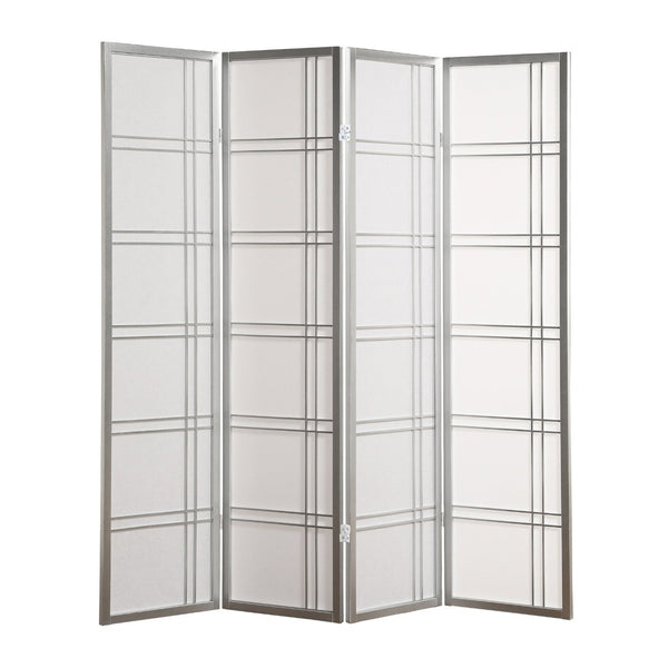 English Elm Seto Four Panel Folding Screen Pine Wood Frame Rice Paper Style Room Divider Silver T2574P165152