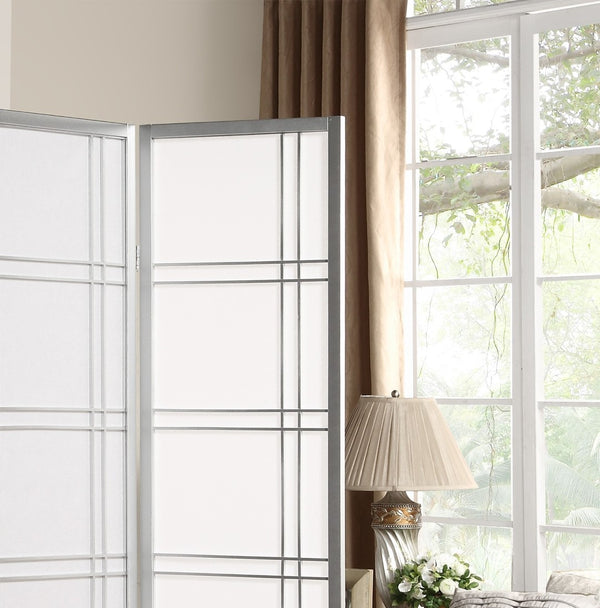 English Elm Seto Four Panel Folding Screen Pine Wood Frame Rice Paper Style Room Divider Silver T2574P165152