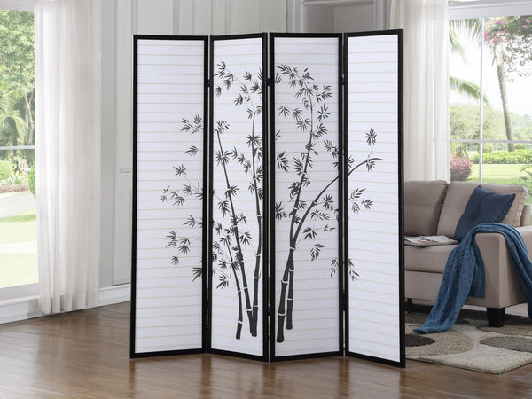 English Elm Bamboo Print Four Panel Rice Paper Room Divider Screen for Studio and Home Office Black T2574P165153