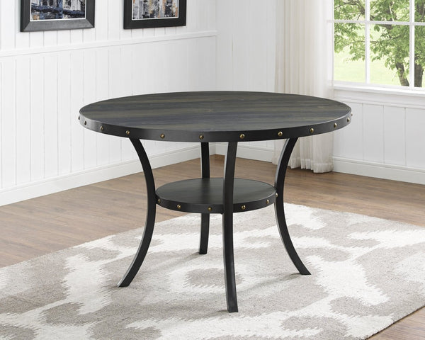 English Elm Biony Round Dining Table with Brass Nailhead Trim and Open Shelf for Four T2574P165160