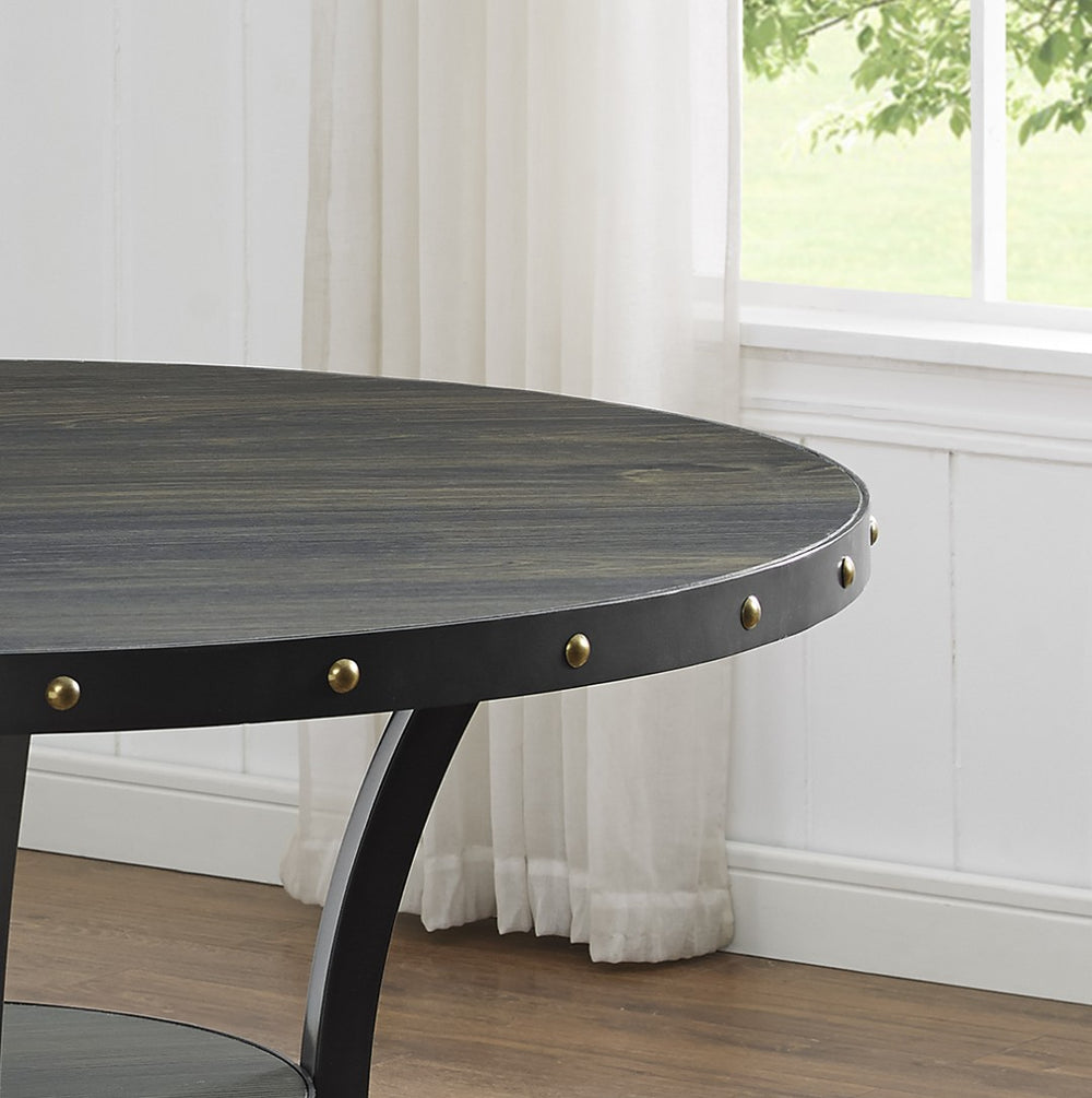 English Elm Biony Round Dining Table with Brass Nailhead Trim and Open Shelf for Four T2574P165160
