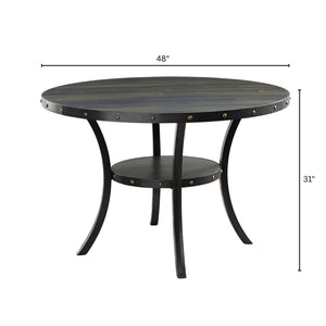 English Elm Biony Round Dining Table with Brass Nailhead Trim and Open Shelf for Four T2574P165160