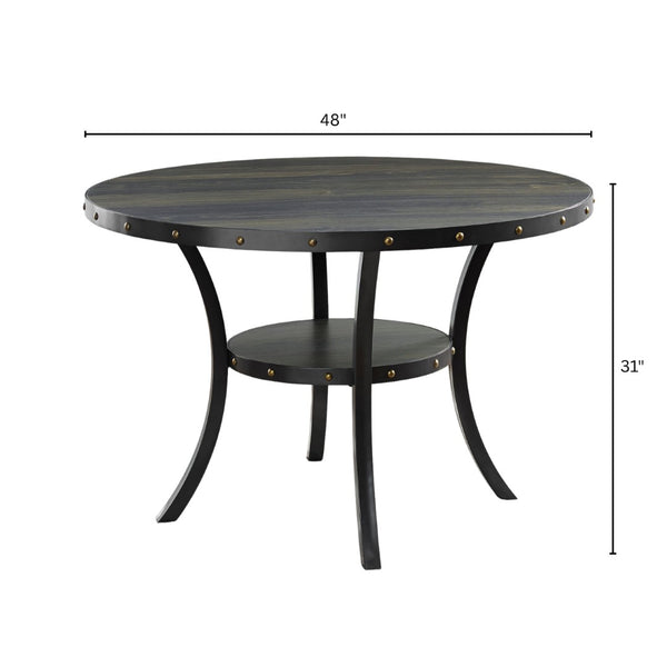 English Elm Biony Round Dining Table with Brass Nailhead Trim and Open Shelf for Four T2574P165160