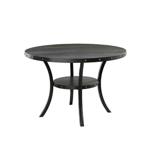English Elm Biony Round Dining Table with Brass Nailhead Trim and Open Shelf for Four T2574P165160
