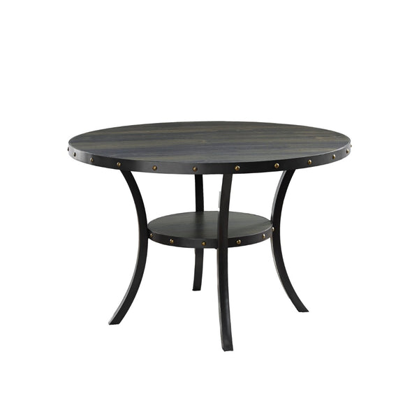English Elm Biony Round Dining Table with Brass Nailhead Trim and Open Shelf for Four T2574P165160
