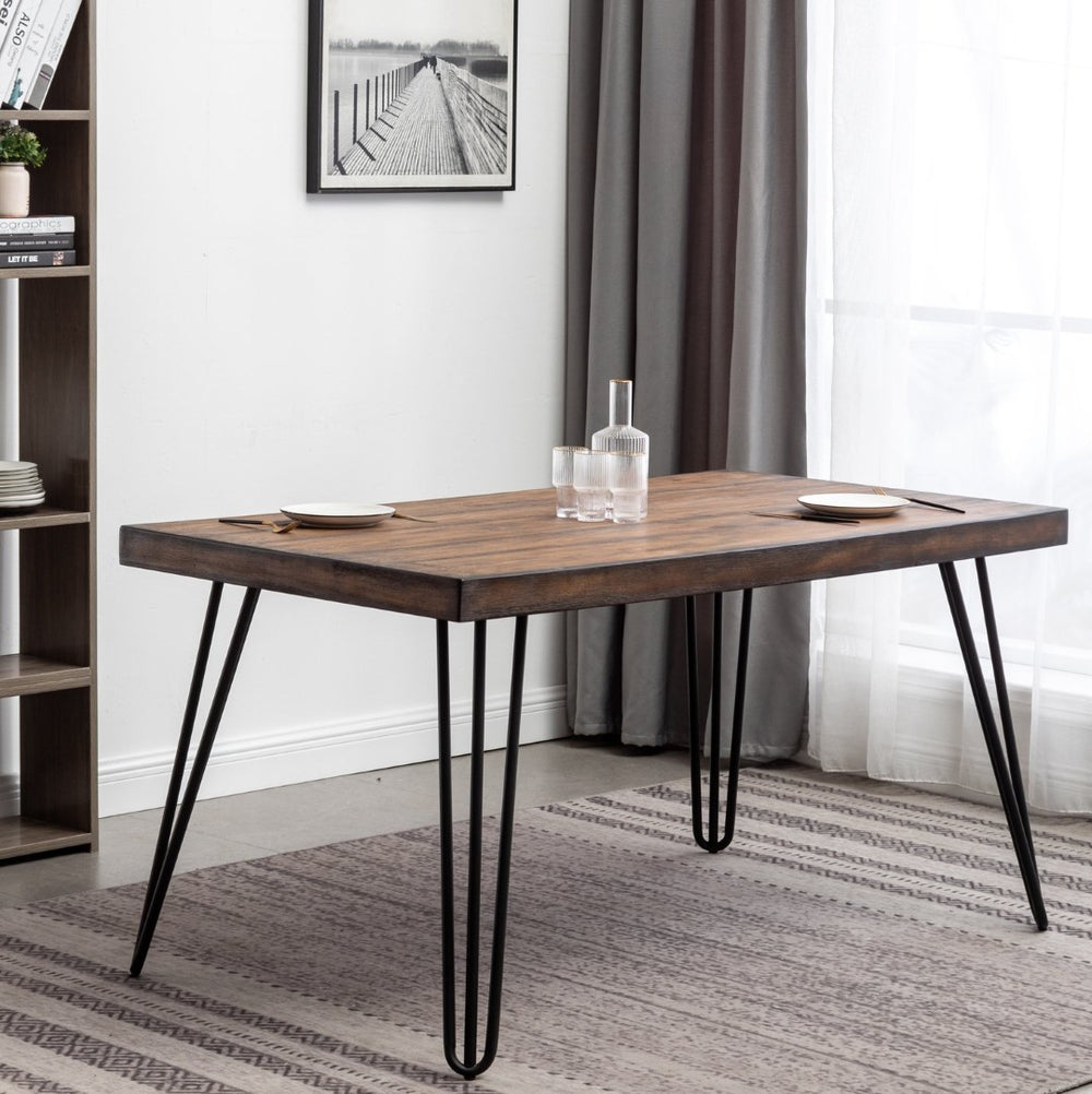 English Elm Aryven Hairpin Leg Dining Table with Dark Pine Top and Black Steel Base T2574P165175