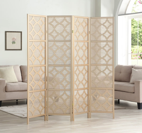 English Elm Quarterfoil Embossed Rice Paper Four Panel Folding Screen with Pine Wood Frame Gold T2574P165177