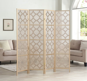 English Elm Quarterfoil Embossed Rice Paper Four Panel Folding Screen with Pine Wood Frame Gold T2574P165177
