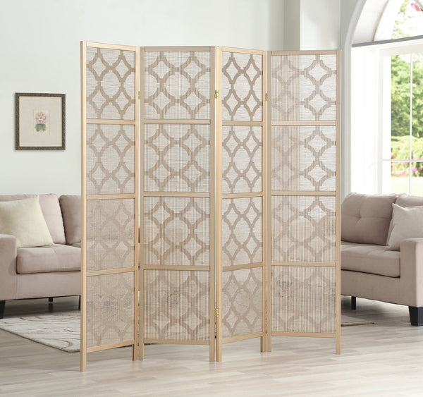 English Elm Quarterfoil Embossed Rice Paper Four Panel Folding Screen with Pine Wood Frame Gold T2574P165177