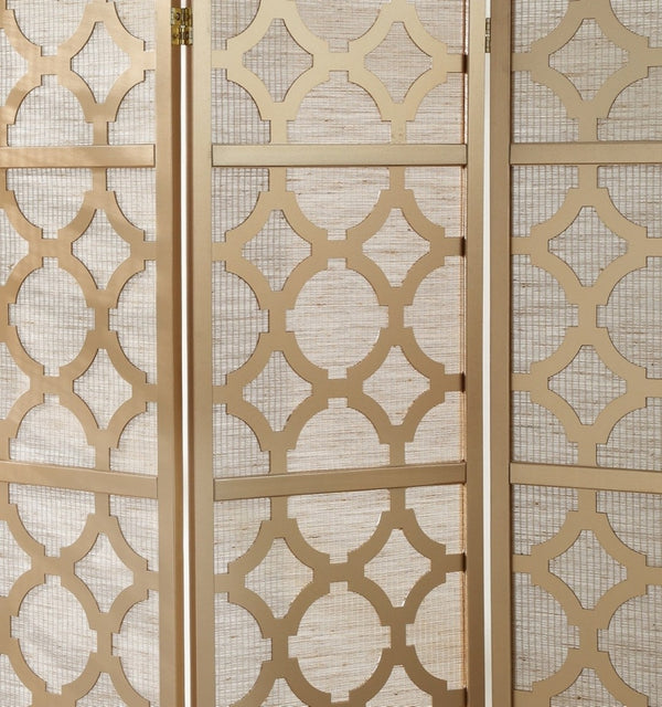 English Elm Quarterfoil Embossed Rice Paper Four Panel Folding Screen with Pine Wood Frame Gold T2574P165177