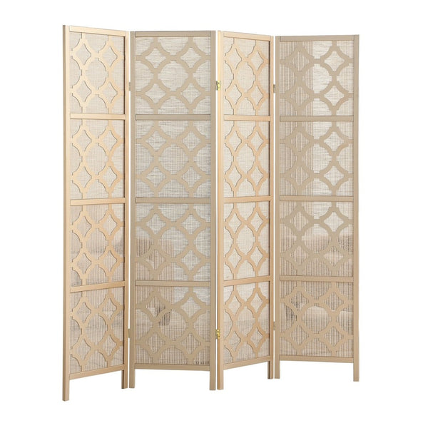 English Elm Quarterfoil Embossed Rice Paper Four Panel Folding Screen with Pine Wood Frame Gold T2574P165177