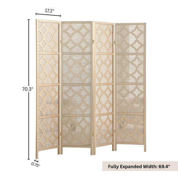 English Elm Quarterfoil Embossed Rice Paper Four Panel Folding Screen with Pine Wood Frame Gold T2574P165177
