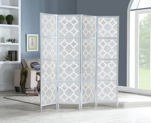 English Elm Quarterfoil Embossed Rice Paper Four Panel Folding Screen with Pine Wood Frame Silver T2574P165178