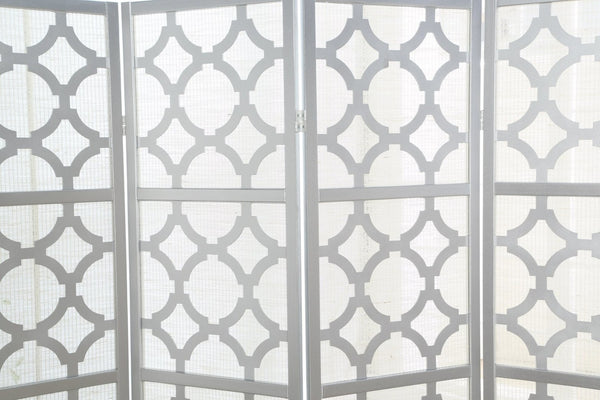 English Elm Quarterfoil Embossed Rice Paper Four Panel Folding Screen with Pine Wood Frame Silver T2574P165178