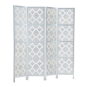 English Elm Quarterfoil Embossed Rice Paper Four Panel Folding Screen with Pine Wood Frame Silver T2574P165178