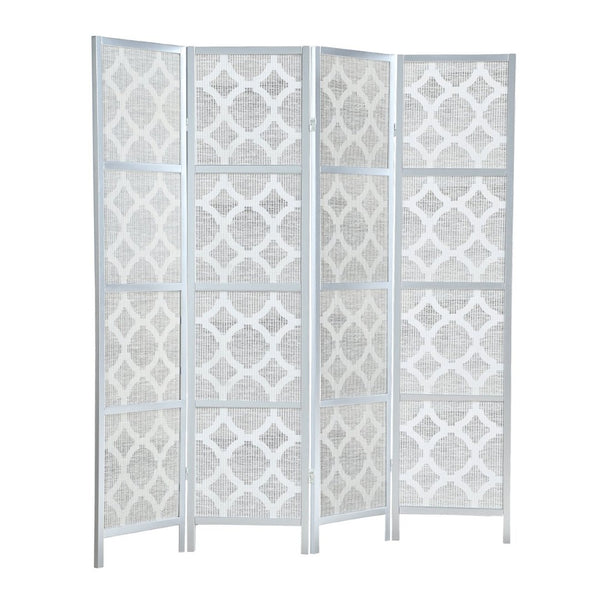 English Elm Quarterfoil Embossed Rice Paper Four Panel Folding Screen with Pine Wood Frame Silver T2574P165178