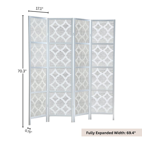 English Elm Quarterfoil Embossed Rice Paper Four Panel Folding Screen with Pine Wood Frame Silver T2574P165178