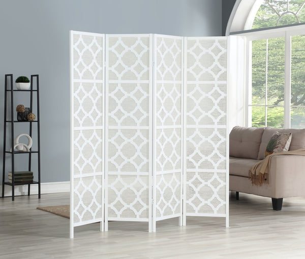 English Elm Quarterfoil Embossed Rice Paper Four Panel Folding Screen with Pine Wood Frame White T2574P165179