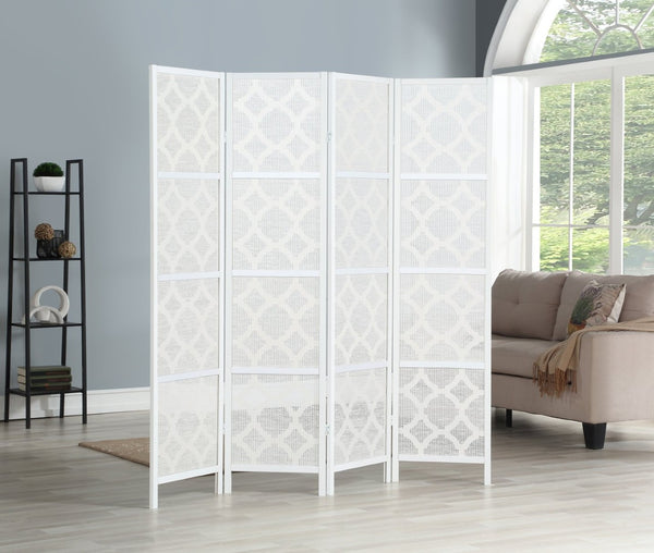 English Elm Quarterfoil Embossed Rice Paper Four Panel Folding Screen with Pine Wood Frame White T2574P165179