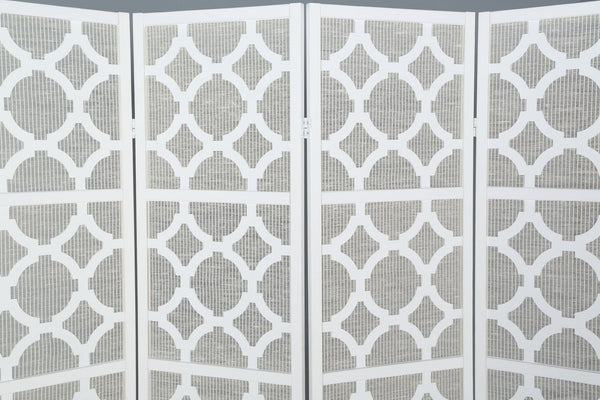 English Elm Quarterfoil Embossed Rice Paper Four Panel Folding Screen with Pine Wood Frame White T2574P165179