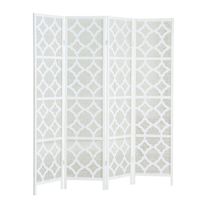 English Elm Quarterfoil Embossed Rice Paper Four Panel Folding Screen with Pine Wood Frame White T2574P165179