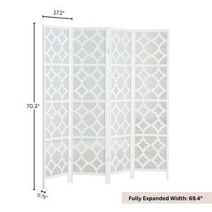 English Elm Quarterfoil Embossed Rice Paper Four Panel Folding Screen with Pine Wood Frame White T2574P165179