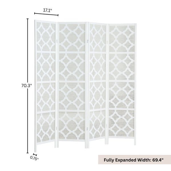 English Elm Quarterfoil Embossed Rice Paper Four Panel Folding Screen with Pine Wood Frame White T2574P165179
