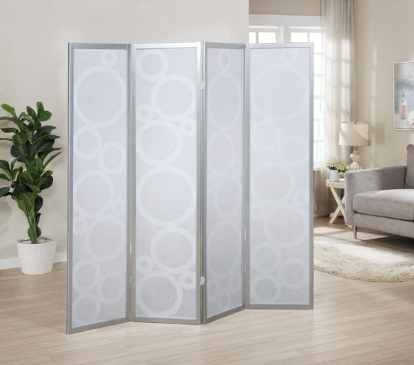 English Elm Arvada Four Panel Mdf Room Divider with Geometric Cutouts for Modern Interiors Silver T2574P165180